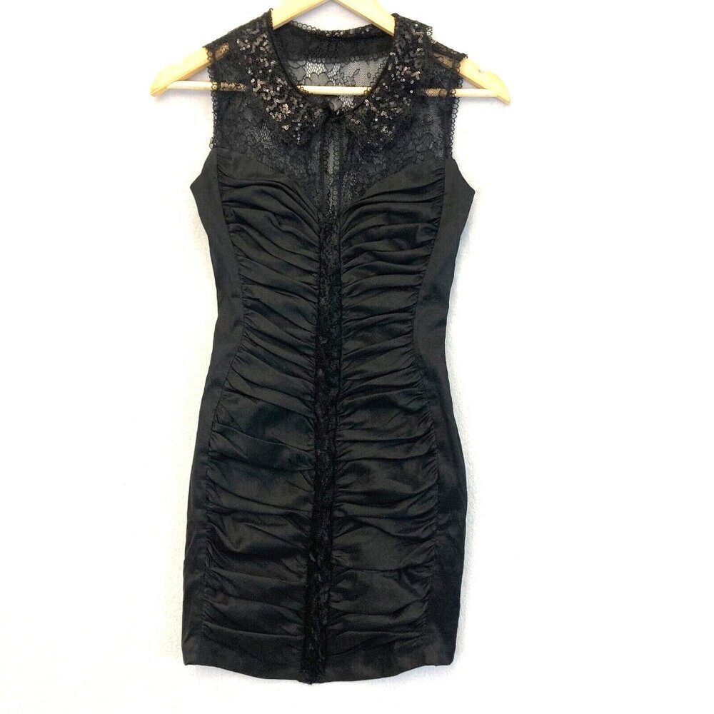 Vintage Jessica McClintock Lace Ruched Wiggle Dress Size 4 Black Collared Goth